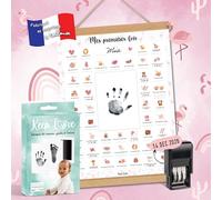 Affiche "Mes Premières Fois" à Tamponner, Cadeau de Naissance Bébé, Souvenir, Decoration Chambre Bebe, Baguettes, Kit Empreinte Bébé, Cadeau Jeune Maman, Grand Format A3 (Modèle FLAMANT ROSE)