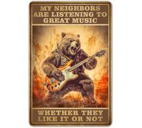 Affiche Métal Bear Guitar Mes Voisins Écoutent De La Bonne Musique Résistant À L'Usure Et Durable Plaque En Tôle Art Plaque Poster Pour Restaurants Club Portail Extérieur 20X30Cm
