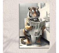 Affiche murale humoristique représentant un tigre assis sur les toilettes et lisant un journal, décoration de salle de bain (70 x 110 cm, sans cadre)