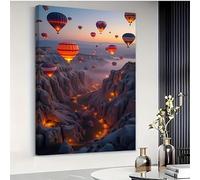 Affiche murale imprimée sur toile représentant des montgolfières survolant un canyon, style abstrait milieu du siècle, pour le salon (50 x 60 cm avec cadre)
