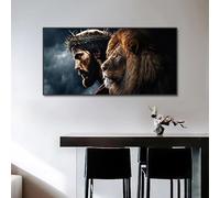 Affiche murale Jésus et Lion, peinture sur toile abstraite, images d'animaux, décoration de salon (40 x 70 cm, sans cadre)