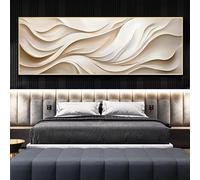 Affiche murale minimaliste abstraite 3D grand format à motif de vagues texturées, style wabi-sabi, décoration de chambre, tons beige et blanc, peinture sur toile (70 x 140 cm / cadre intérieur)