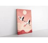 Affiche murale représentant des grues à couronne rouge du Japon au coucher du soleil rose, élégante et minimaliste, idéale pour une décoration zen dans un salon (70 x 100 cm / cadre intérieur).