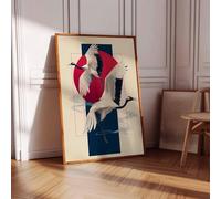 Affiche murale représentant une grue japonaise, style minimaliste, avec un soleil rouge, élégante peinture sur toile d'oiseau asiatique, œuvre d'art décorative moderne (70 x 110 cm, sans cadre)