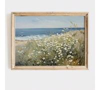 Affiche murale rustique vintage florale d'été, paysage côtier, mer, plage, art mural, impression sur toile minimaliste, fleurs sauvages, décoration de ferme (50 x 70 cm x 3,5 cm/toile enveloppée)