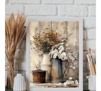 Affiche murale sur toile à motif floral champêtre représentant un arrosoir et un seau vintage ornés de fleurs crème, jaunes et blanches (60 x 80 cm/Toile tendue sur châssis).