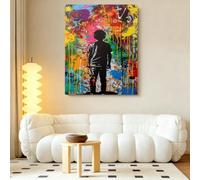 Affiche murale sur toile représentant un garçon dans un style graffiti urbain dynamique, idéale pour le salon, la chambre, le bureau, le bar ou le couloir (70 x 90 cm/sans cadre)
