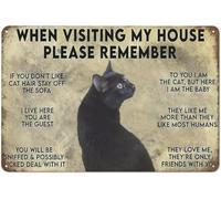 Affiche murale vintage en métal avec chat noir. Affiche humoristique en métal. Lors de votre visite chez moi, n'oubliez pas de vous souvenir de ce panneau. Décoration murale rétro pour la maison, les