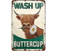 Affiche murale vintage en métal avec inscription « Wash Up Buttercup » - Poster en métal de vache - Pour la maison, la cuisine, le bar, le café - 14 x 20 cm