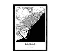 Affiche Nacnique avec Carte de Barcelone - Espagne. Lames de Villes d'Espagne avec des Mers et des rivières de Couleur Noire. Taille A4 avec Cadre