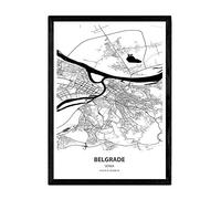 Affiche Nacnique avec carte de Belgrade - Serbie. Lames de villes d'Europe avec des mers et des rivières de couleur noire. Taille A3 avec cadre