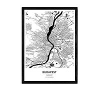 Affiche Nacnique avec Carte de Budapest - Hongrie. Lames de Villes d'europe avec des Mers et des rivières de Couleur Noire. Taille A4 avec Cadre