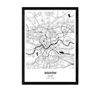 Affiche Nacnique avec carte de Cracovie - Pologne. Lames de villes d'Europe avec des mers et des rivières de couleur noire. Taille A3 avec cadre