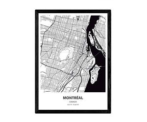 Affiche Nacnique avec carte de Montréal - Canada. Lames de villes du Canada avec des mers et des rivières en noir. Taille A3 avec cadre