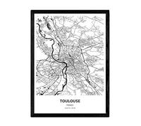 Affiche Nacnique avec carte de Toulouse - France. Lames de villes de France avec des mers et des rivières en noir. Taille A3 avec cadre
