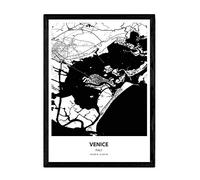 Affiche Nacnique avec carte de Venise - Italie. Lames de villes d'Italie avec des mers et des rivières de couleur noire. Taille A3 avec cadre