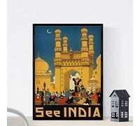 Affiche Nacnique Vintage. Affiche Vintage de l'Asie. Temple de l'Inde. Taille A3 avec cadre