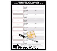 Affiche obligatoire restaurant - Affichage origine des viandes 2026 - Viandes bovines, porcines, ovines, caprines et volailles - A4 plastifié effaçable + feutre + pastilles adhésives (OVnoir)