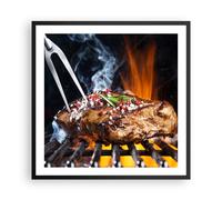Affiche Poster 60x60cm Tableaux Image Photo Steak Grill Flames nourriture Art