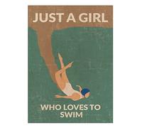 Affiche rétro en métal avec inscription « Just A Girl Who Loves To Swim » - Poster vintage de natation - Affiche d'été - Musique Bar Club - Décoration murale - Cadeau - 14 x 20 cm