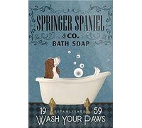 Affiche rétro en métal pour le bain de savon et le bain de chien Springer Spaniel Dog Bath Soap Wash You Paws - Plaque en aluminium vintage pour la maison et le café - 20,3 x 30,5 cm