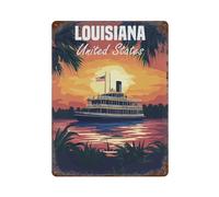 Affiche rétro en métal représentant un coucher de soleil sur un bateau à vapeur en Louisiane - Décoration chic et vintage en fer forgé pour atelier, salle de jeux, bar ou cuisine - 40 x 30 cm