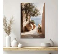 Affiche sur toile, peinture sur toile représentant une scène côtière méditerranéenne avec un olivier en céramique, impression d'art mural moderne avec une branche d'olivier (50x70cm/sans cadre)