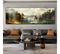 Affiche sur toile représentant des montagnes enneigées, des lacs et des animaux de la forêt. Grand format horizontal, style moderne, idéal pour la décoration murale (35 x 105 cm, sans cadre).