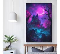 Affiche sur toile représentant un manoir hanté sous une lune fluo, décoration murale, pour chambre, cuisine, anniversaire, mariage, femme, mari, décoration d'intérieur, 40 x 60 cm