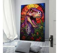 Affiche sur toile représentant un vitrail représentant un T-Rex, décoration murale, pour mari, petit ami, petite amie, 40 x 60 cm