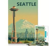 Affiche Vintage de Voyage à Seattle avec la Space Needle, Puzzle de 1000 pièces pour Adolescents, Jeu de logique Solide, évasion apaisante, Bords Transparents, Cadeau d'anniversaire (50x75cm)