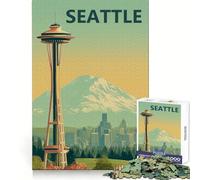 Affiche Vintage de Voyage à Seattle avec la Space Needle, Puzzle de 1000 pièces pour Adolescents, Jeu de logique Solide, évasion apaisante, Bords Transparents, Cadeau d'anniversaire (50x75cm)