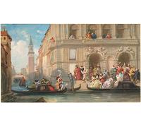 Affiche Vintage Toile Murale Art Photos De célèbres tableaux Masqués embarquant dans des gondoles devant un palais vénitien par Eugène Louis Lami pour les décorations pour la maison 60x90cm