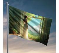 Affiches amusantes pour dortoir universitaire « A Woman In A White Dress Standing By An Open Window Flag » - Affiches décoratives à suspendre pour dortoir universitaire (120 x 180 cm)