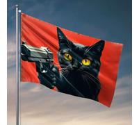 Affiches amusantes pour dortoir universitaire Un chat noir tenant une arme sur fond rouge. Drapeau décoratif à suspendre pour dortoir universitaire (60 x 90 cm)