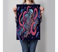 Affiches Astronaute Squelette Spatial, Impressions Art Mural Sur Toile Tentacules Psychédéliques, Tableau Poster Vintage Bleu Foncé Décoratif Murale Pour Salon Chambre À Coucher, 50X70Cm, Sans Cadre