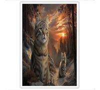 Affiches Chat Des Forêts Au Coucher Du Soleil, Impressions Art Mural Sur Toile Animal Sauvage, Tableau Poster Vintage Orange Décoratif Murale Pour Salon Chambre À Coucher, 70X100Cm, Sans Cadre