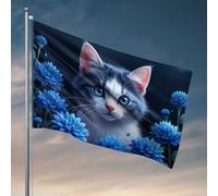Affiches de dortoir universitaire pour gars, yeux bleus et fleurs bleues : drapeau portrait serein d'un chat, drapeaux décoratifs pour salle de jeux pour les garçons (152 x 244 cm)