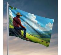 Affiches de dortoir universitaire pour les gars, un cowboy assis sur une bûche, regardant les chevaux pâturant dans une vallée luxuriante, drapeaux d'été décoratifs pour maison (152 x 244 cm)