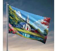 Affiches de dortoir universitaire pour les gars, une église pittoresque avec des fleurs vibrantes et un étang serein. Drapeaux pour chambre drapeaux amusants pour les garçons (30 x 45 cm)