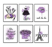 Affiches de maquillage violet Mode Paris Estampes Art mural Oeuvre de salle de Lot de 6 Parfum Fleur Rouge À Lèvres d'art sur toile Décor de chambre de fille 8"x10" (20.3x25.4cm) SANS CADRE
