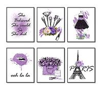 Affiches de maquillage violet Mode Paris Estampes Art mural Oeuvre de salle de Lot de 6 Parfum Fleur Rouge À Lèvres d'art sur toile Décor de chambre de fille 11"x14" (27.9x35.6cm) SANS CADRE