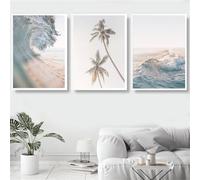 Affiches et Impressions Abstraites de Vagues de Plage et de Cocotiers Magnifique Peinture sur Toile Avec Vue sur la Mer Décoration Murale pour Bureau Maison Bar Chambre-60*80cm-3PCS (sans cadre)