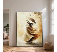 Affiches et impressions de femme éthérée, peinture sur toile parapluie vintage, art mural feuilles d'automne, fresque murale beige sépia pour la décoration intérieure (60x80cm/cadre intérieur)