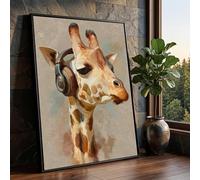 Affiches et impressions de portraits abstraits de girafe, tableaux d'art mural avec casque audio animalier, peinture à l'huile sur toile pour la décoration murale de la maison (70x100cm/sans cadre)