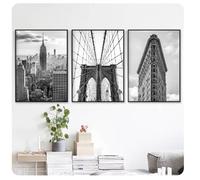 Affiches et Impressions en Noir et Blanc de New York City, Pont de Brooklyn et Photos de Flat Iron, Art Mural, Peinture sur Toile, Images, décoration d'intérieur - 40 x 60 cm x 3 sans Cadre