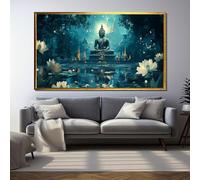 Affiches et reproductions de statues de Bouddha | Peinture sur toile du lac aux lotus du temple | Décoration murale pour la méditation zen | Tableaux d'art paysager (50 x 90 cm / cadre intérieur)