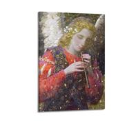 Affiches familiales modernes sur toile Décoration murale - Affiches religieuses Ange dans une tenue rouge et violette jouant d'une flûte, avec des fleurs dans leurs cheveux Impressions d'images Œuvre