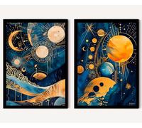 Affiches 'Harmonie cosmique'. Digital Art. Système solaire imaginaire, Surréaliste. Décoration Art murale, décoration pour la maison. Idée de cadeau, Posters A4. (Sans cadre) (Jaune et bleu)