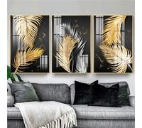 Affiches Murales,3 Images Set-Affiche de Plumes Dorées Impressions Abstraites Peinture Toile Art Mural Images Salon Cuisine Bureau Chambre Décoration D'Intérieur-50*60cm/20*24 pouce(sans cadre)